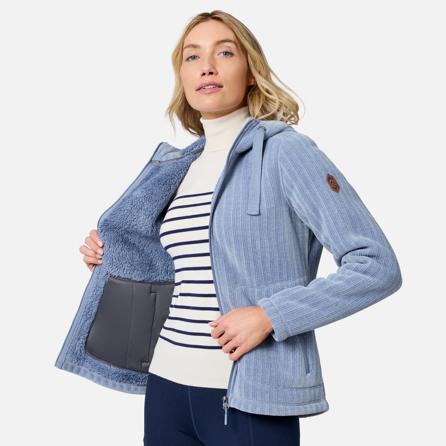 [Model is wearing size S.] Woman wearing light blue chenille fleece jacket with hood down and soft interior visible