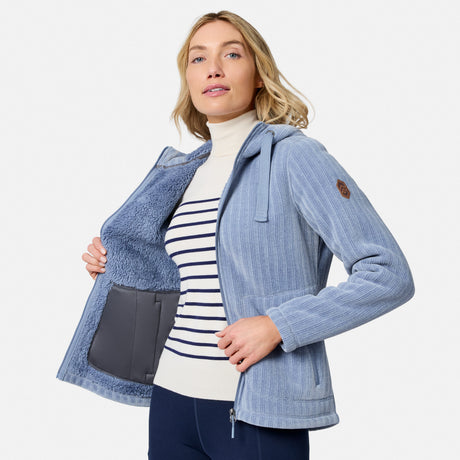 [Model is wearing size S.] Woman wearing light blue chenille fleece jacket with hood down and soft interior visible