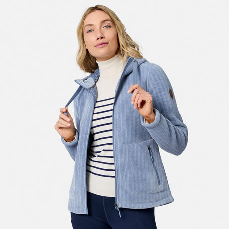 [Model is wearing size S.] Woman in light blue chenille fleece jacket unzipped at the front revealing a striped top