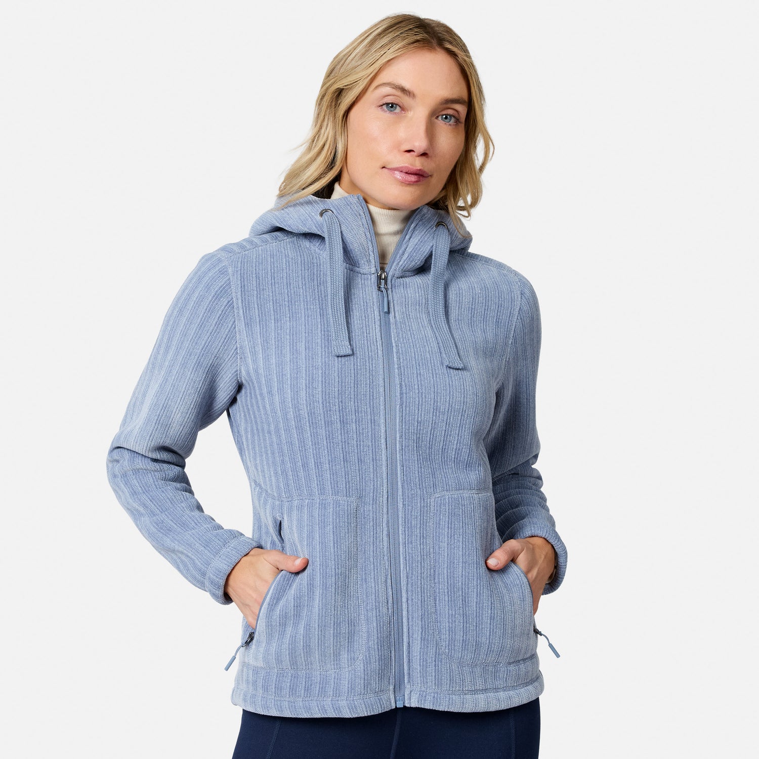 [Model is wearing size S.] Model wearing light blue chenille fleece jacket with hood and zip front