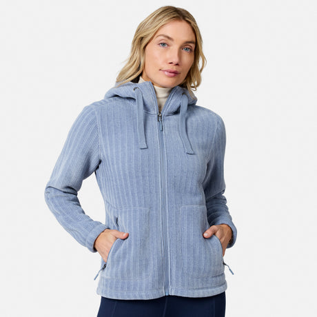 [Model is wearing size S.] Model wearing light blue chenille fleece jacket with hood and zip front