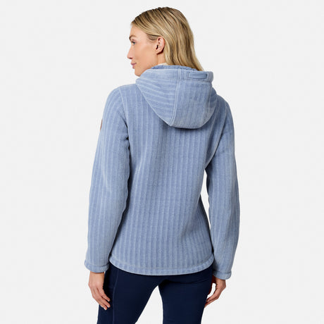 [Model is wearing size S.] Back view of a woman wearing a light blue chenille fleece jacket with a hood
