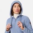 [Model is wearing size S.] Woman in a light blue chenille fleece jacket with hood and zip front