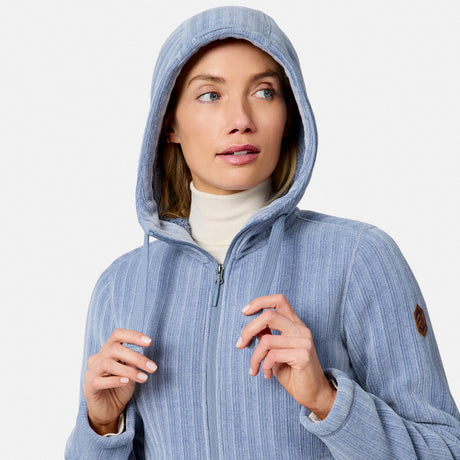 [Model is wearing size S.] Woman in a light blue chenille fleece jacket with hood and zip front