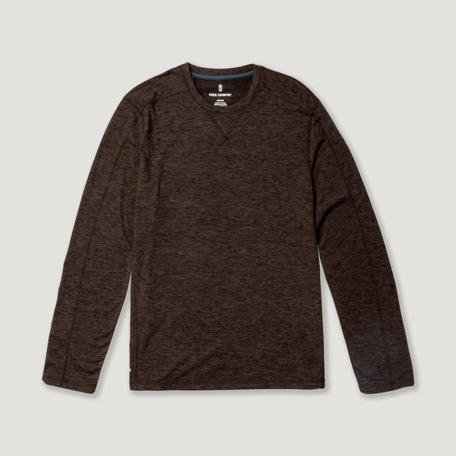 A Men's FreeCycle® Sueded Spacedye Long Sleeve Crew Neck shirt by Free Country in dark brown is laid flat on a light, solid background. The casual shirt features a crew neck design and is made from soft, heathered fabric with moisture-wicking properties for enhanced comfort.