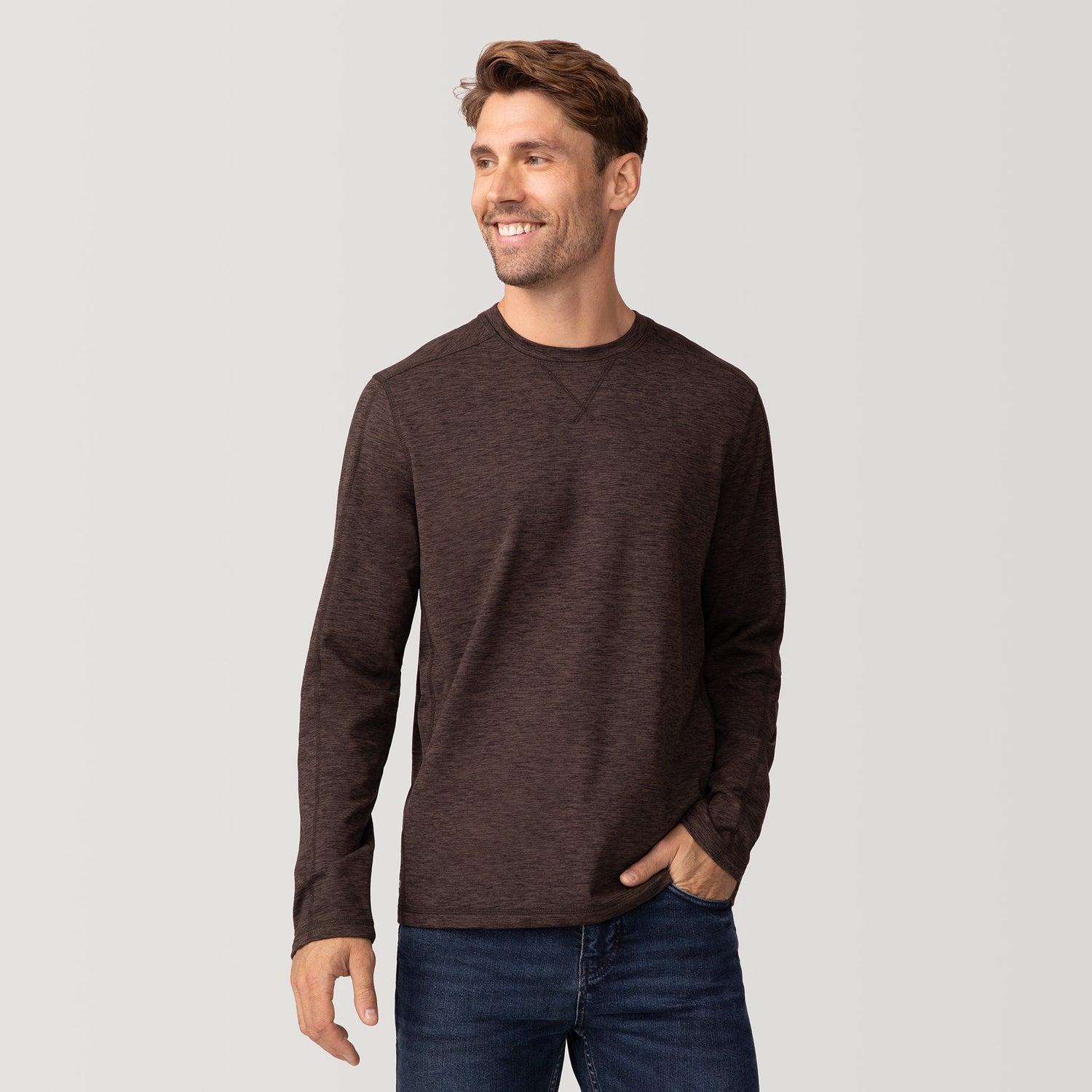 [Justin is 6’2” wearing a size Medium.] Men's FreeCycle® Sueded Spacedye Long Sleeve Crew Neck - Hickory - M