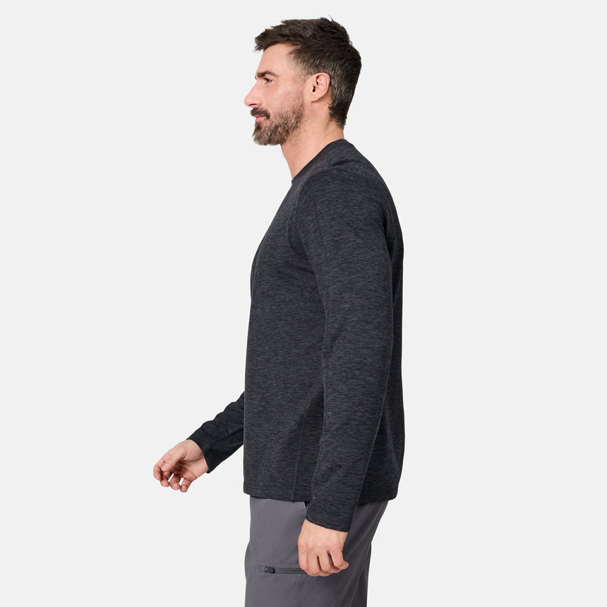 [Model is wearing size M.] A man in side profile wearing a dark heather gray long-sleeve knit top and gray pants, photographed against a clean light gray studio background.