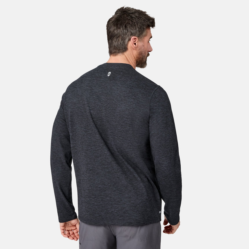 [Model is wearing size M.] A man viewed from the back wearing a dark heather gray long-sleeve shirt and gray pants against a light gray studio background.