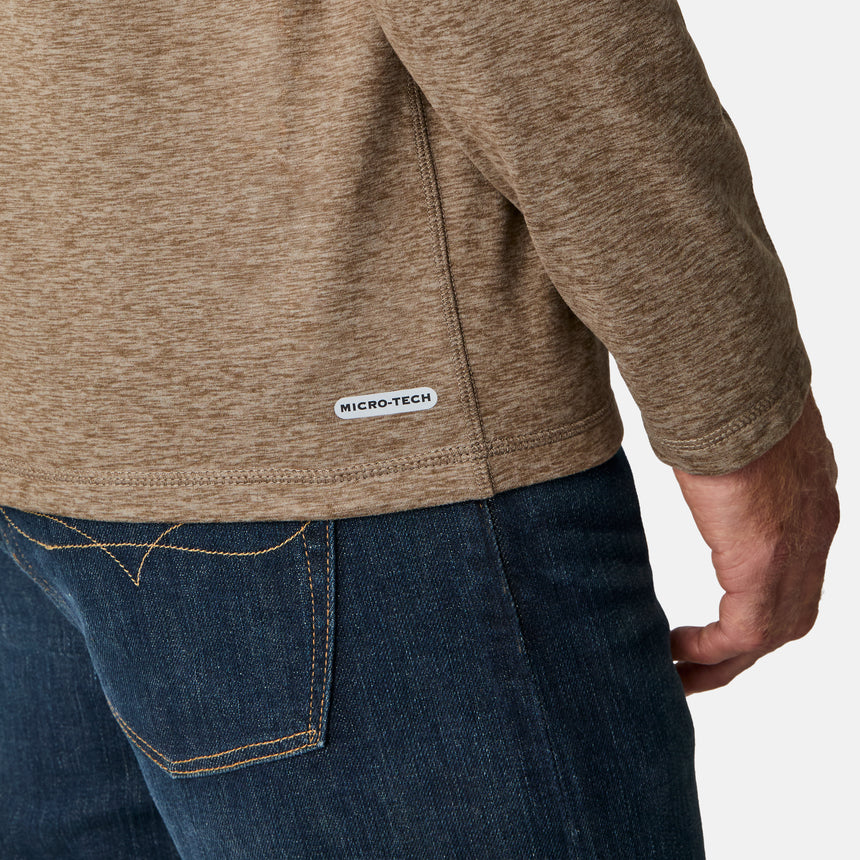 [Kolby is 6'2" wearing size M.] Man wearing a brown long-sleeve shirt on a white background