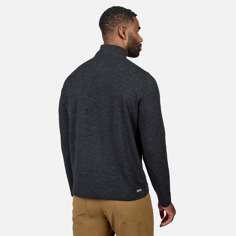 [Model is wearing size M.] A man wearing a dark heather gray quarter-zip pullover sweater, shown from the back and side profile against a light gray studio background.
