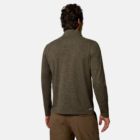 [Model is wearing size M.] A man viewed from the back wearing a heathered olive green quarter-zip long-sleeve shirt and brown pants, set against a plain light gray studio background.