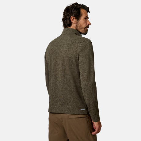 [Model is wearing size M.] A man wearing a heathered olive green quarter-zip pullover sweater, shown from a three-quarters back view against a light gray studio background.