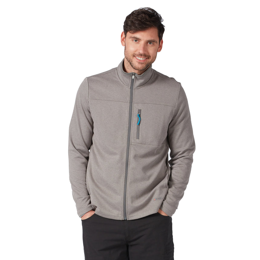 Man wearing a grey, long-sleeve, full-zip Men’s FreeCycle® Double Knit Full Zip Fleece Jacket with a zippered chest pocket in Grey Rock.
