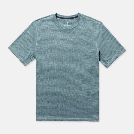 The Clearance Men's Tech Jacquard Short Sleeve Crew Neck is a light blue, breathable T-shirt with a subtle horizontal pattern, shown laid flat on a white background.