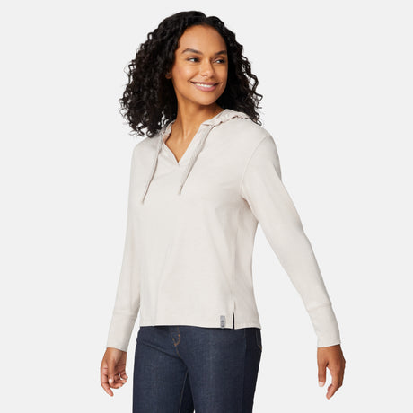 [Angelique is 5'10" wearing size S] Woman wearing a beige hoodie on a white background