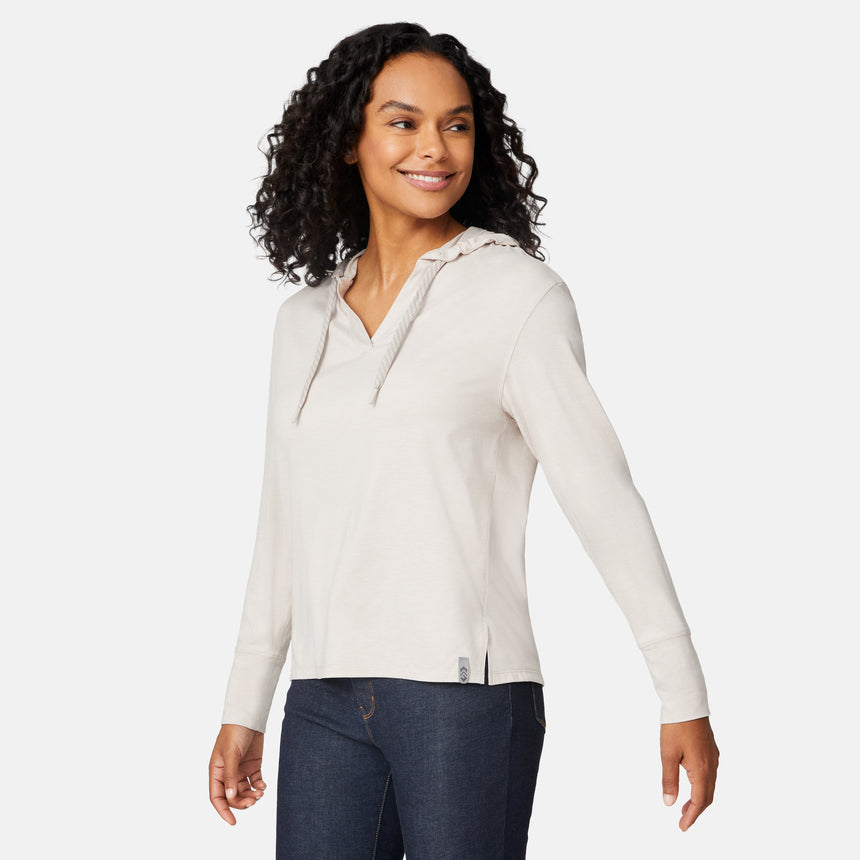 [Angelique is 5'10" wearing size S] Woman wearing a beige hoodie on a white background