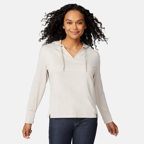 [Angelique is 5'10" wearing size S] Woman wearing a beige hoodie on a white background