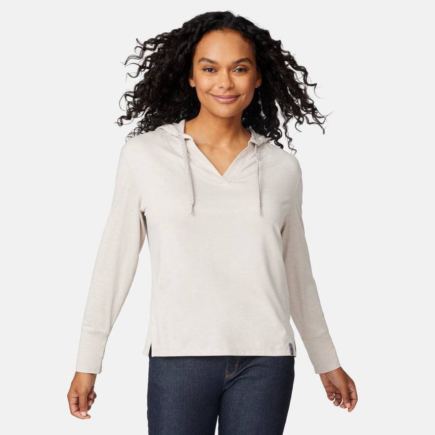 [Angelique is 5'10" wearing size S] Woman wearing a beige hoodie on a white background