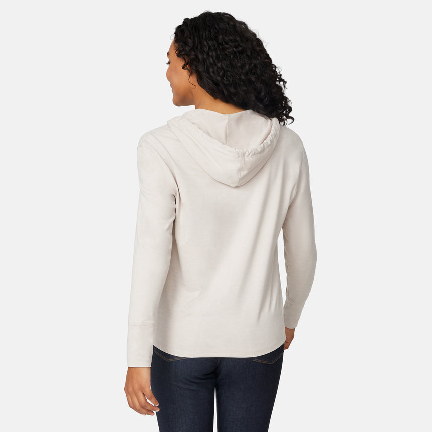 [Angelique is 5'10" wearing size S] Woman wearing a beige hoodie from behind on a white background
