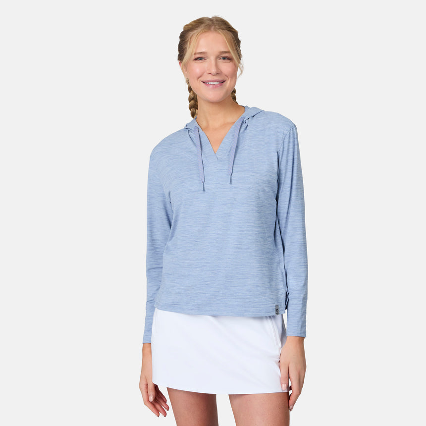 [Emily is 5'10" wearing size S] Woman wearing a blue striped hoodie and white shorts on a light gray background