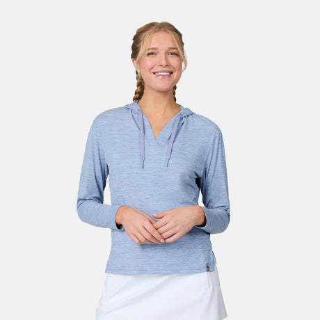 [Emily is 5'10" wearing size S] Woman wearing a blue long-sleeve shirt with a hood on a white background