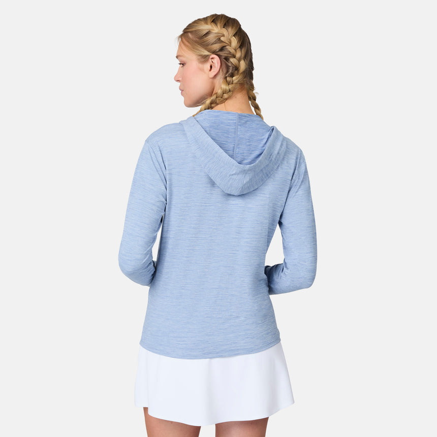 [Emily is 5'10" wearing size S] Woman wearing a light blue hoodie and white skirt on a white background