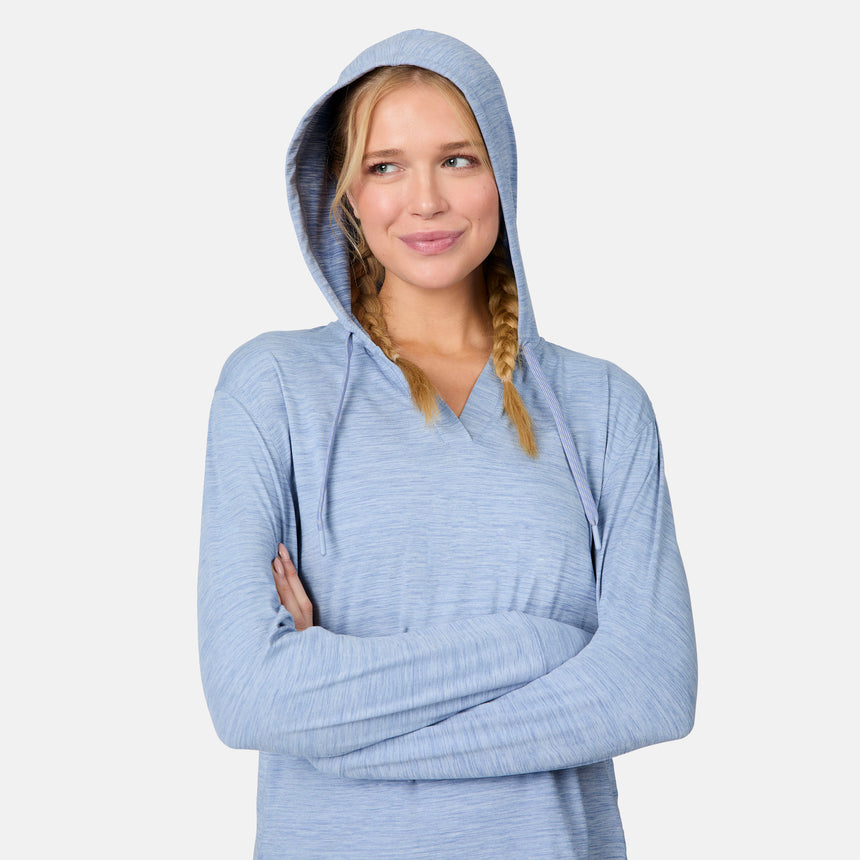 [Emily is 5'10" wearing size S] Woman wearing a light blue hoodie on a white background