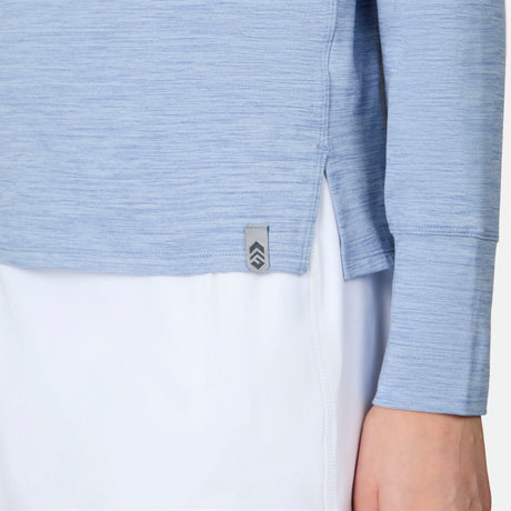 [Emily is 5'10" wearing size S] Light blue long-sleeve shirt with a brand logo on a white background