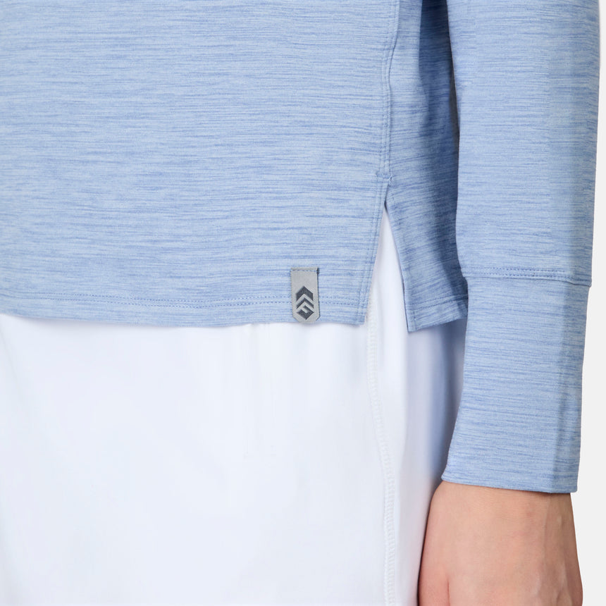 [Emily is 5'10" wearing size S] Light blue long-sleeve shirt with a brand logo on a white background