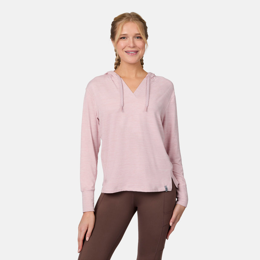 [Emily is 5'10" wearing size S] Woman wearing a light pink hoodie and brown pants on a white background