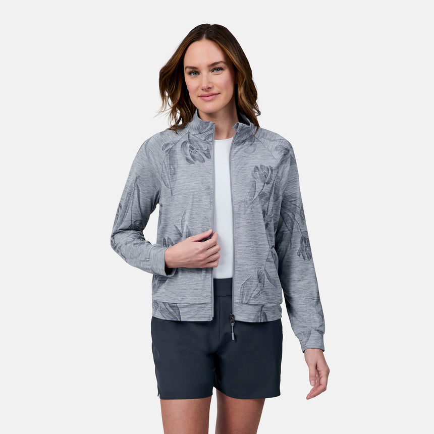 [Emily is 5'9" wearing size S] Woman wearing a gray patterned jacket and black shorts on a white background