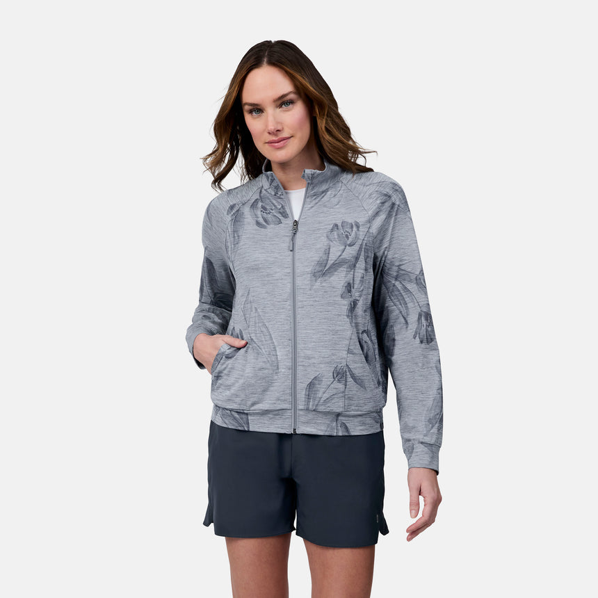 [Emily is 5'9" wearing size S] Woman wearing a gray patterned jacket and black shorts on a white background