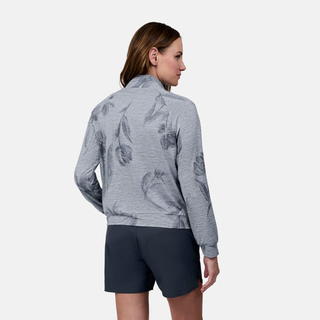 [Emily is 5'9" wearing size S] Woman wearing a gray patterned jacket and black shorts on a white background