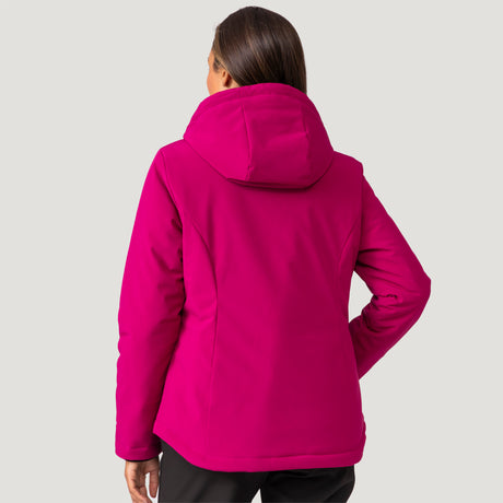 A person with long brown hair wears the Clearance Women's Thermo Super Softshell® Ski Jacket in bright pink, facing away from the camera against a plain light gray background.