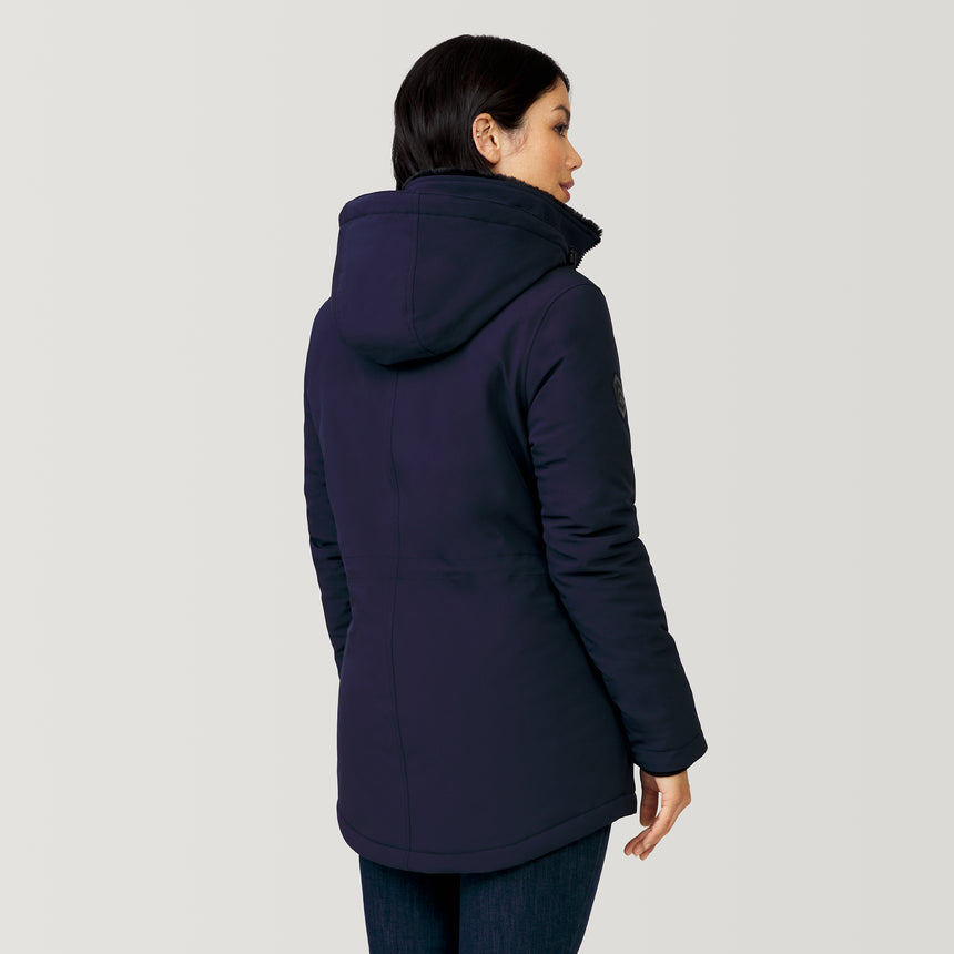 [Megan is 5’6” wearing a size Small.] Women's Thermo Super Softshell® Long Jacket - Urban Navy - S #color_urban-navy