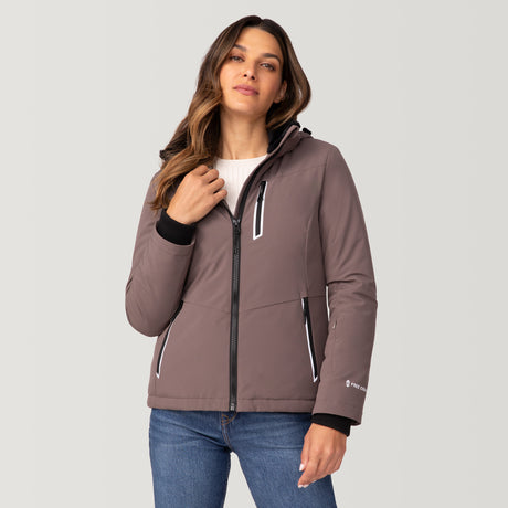 [Olga is 5’9" wearing a size Small.] Women's FreeCycle® Thermo Super Softshell® II Jacket - S - Driftwood #color_driftwood