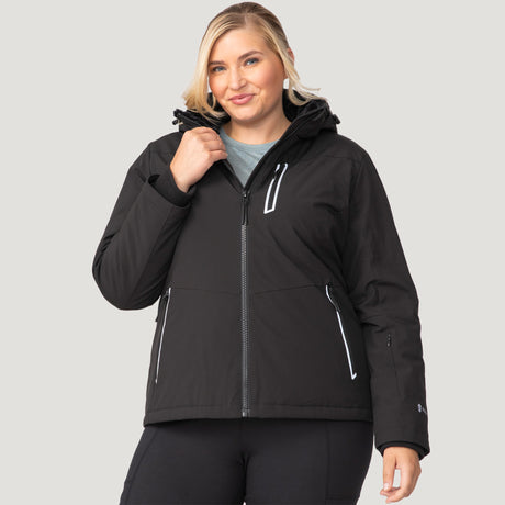 [Lola is 5'10.5" wearing a size 1X.] Women's Plus Size FreeCycle® Thermo Super Softshell® II Jacket - 1X - Black #color_black