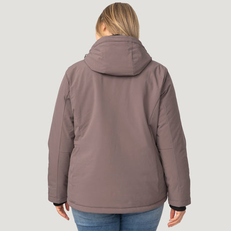 [Angela is 5'10" wearing a size 1X.] Woman wearing Free Country Women's Plus Size FreeCycle® Thermo Super Softshell® II Jacket in brown with a full front zipper opening, lower pockets, soft lining, a detachable hood with an adjustable drawcord, and water resistant and wind resistant stretch performance fabric, light grey background. Best women’s jacket for winter weather.
