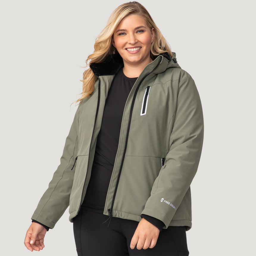 [Lola is 5'10.5" wearing a size 1X.] Women's Plus Size FreeCycle® Thermo Super Softshell® II Jacket - 1X - Vine #color_vine