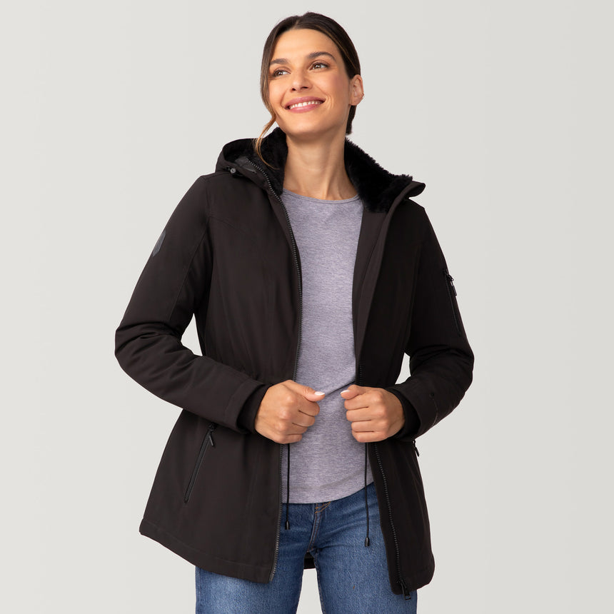 [Olga is 5’9" wearing a size Small.] Women's Thermo Super Softshell® Long Jacket - S - Black #color_black