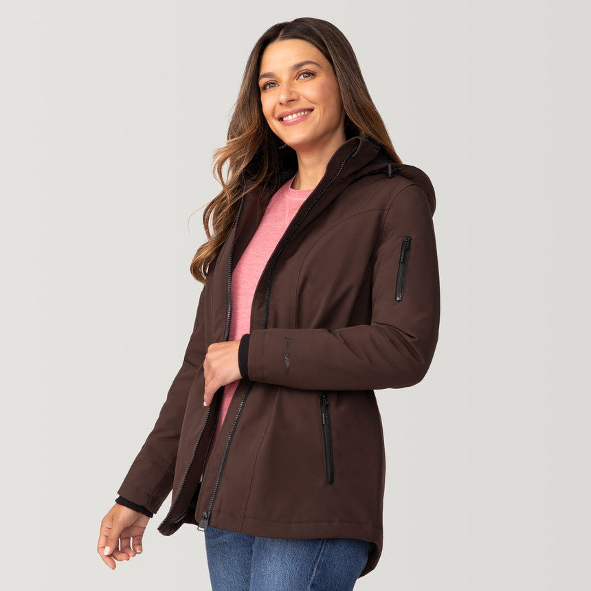 [Olga is 5’9" wearing a size Small.] Women's Thermo Super Softshell® Long Jacket - S - Oak #color_oak