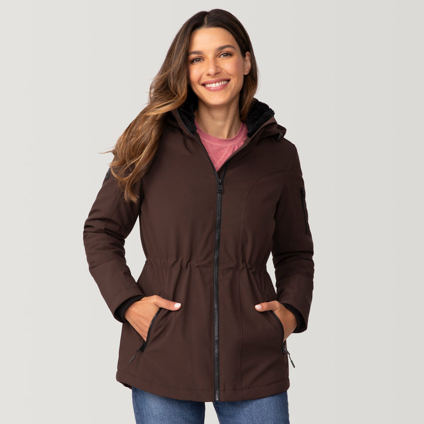 [Olga is 5’9" wearing a size Small.] Women's Thermo Super Softshell® Long Jacket - S - Oak #color_oak