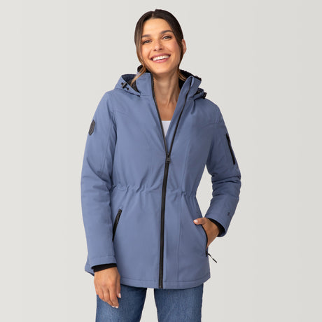 [Olga is 5’9" wearing a size Small.] Women's Thermo Super Softshell® Long Jacket - S - Stormy #color_stormy