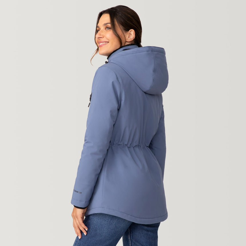 [Olga is 5’9" wearing a size Small.] Women's Thermo Super Softshell® Long Jacket - S - Stormy #color_stormy