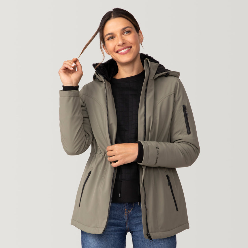 [Olga is 5’9" wearing a size Small.] Women's Thermo Super Softshell® Long Jacket - S - Vine #color_vine