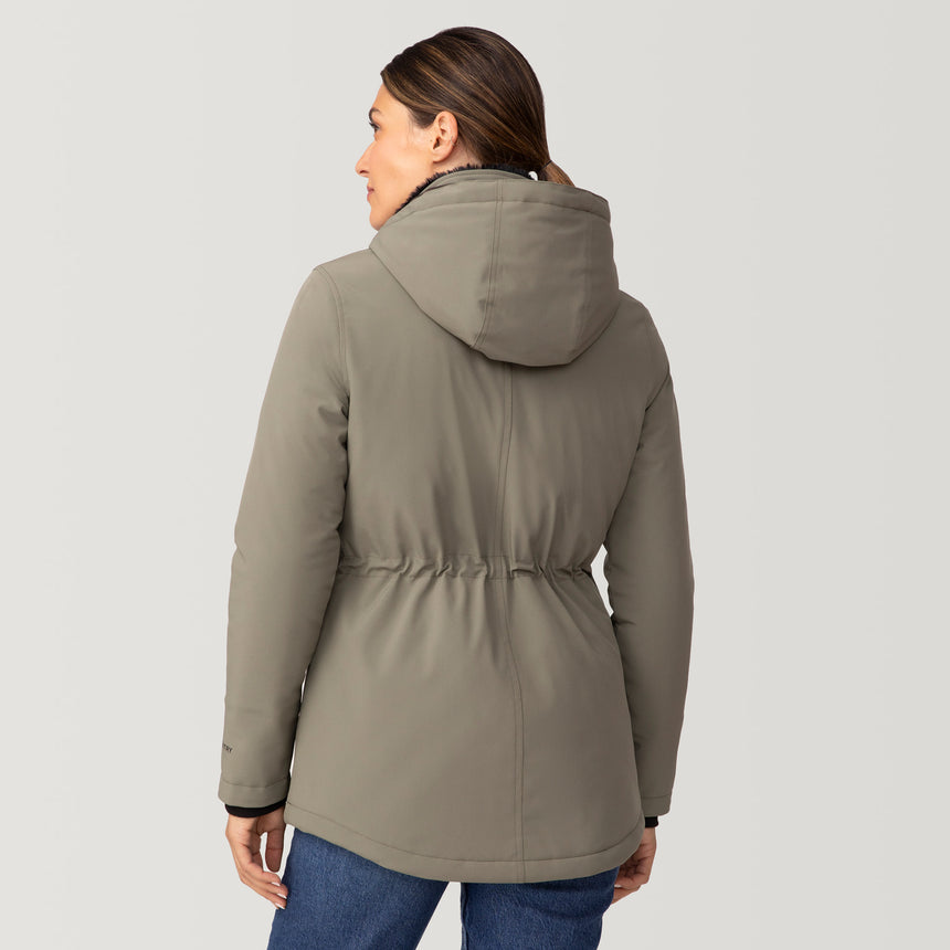 [Olga is 5’9" wearing a size Small.] Women's Thermo Super Softshell® Long Jacket - S - Vine #color_vine