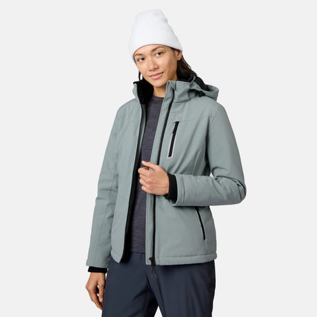 Model wearing light gray FreeCycle Thermo Softshell II jacket with black interior, front zipper open, white beanie.