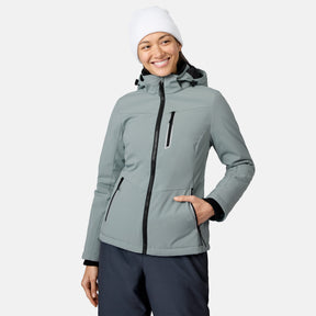 Woman wearing a light gray FreeCycle Thermo SoftShell II jacket with hood and front zipper plus a white knit beanie