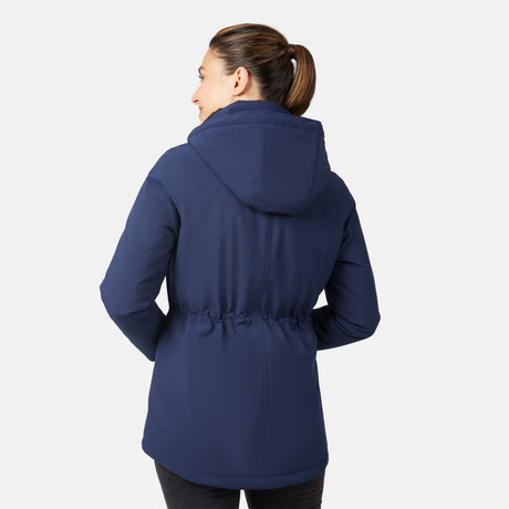 A woman with brown hair in a ponytail is shown from the back, wearing the Free Country Women's Thermo Super Softshell® Long Jacket in navy blue, featuring a cinched waist and quilted lining against a plain white background.