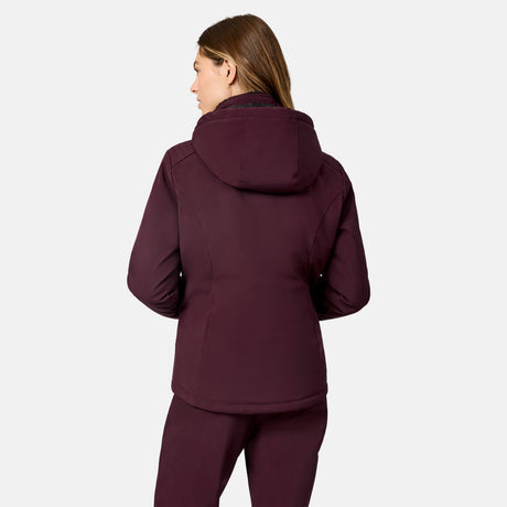 [Model is wearing size S.] Back view of burgundy Thermo Super Softshell Lined Jacket with hood